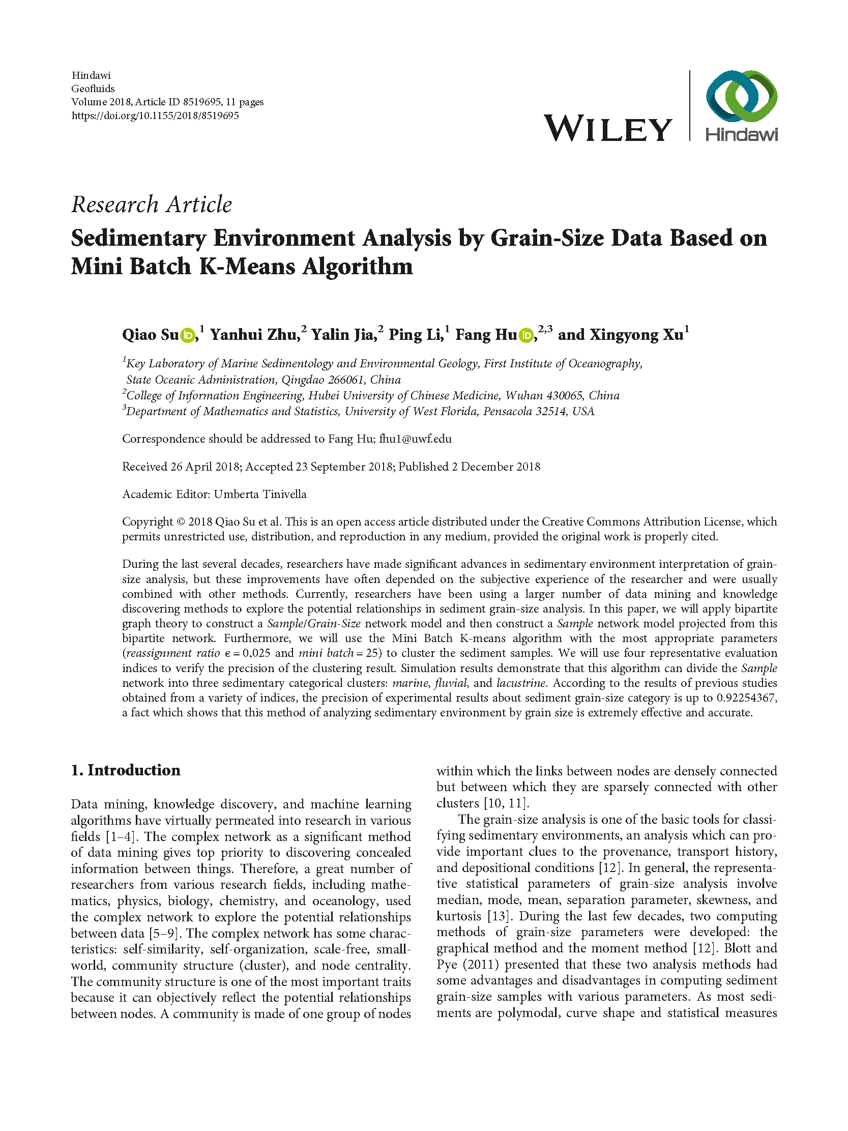 Sedimentary Environment Analysis by Grain-Size Data Based on Mini Batch K-Means Algorithm (SCI)